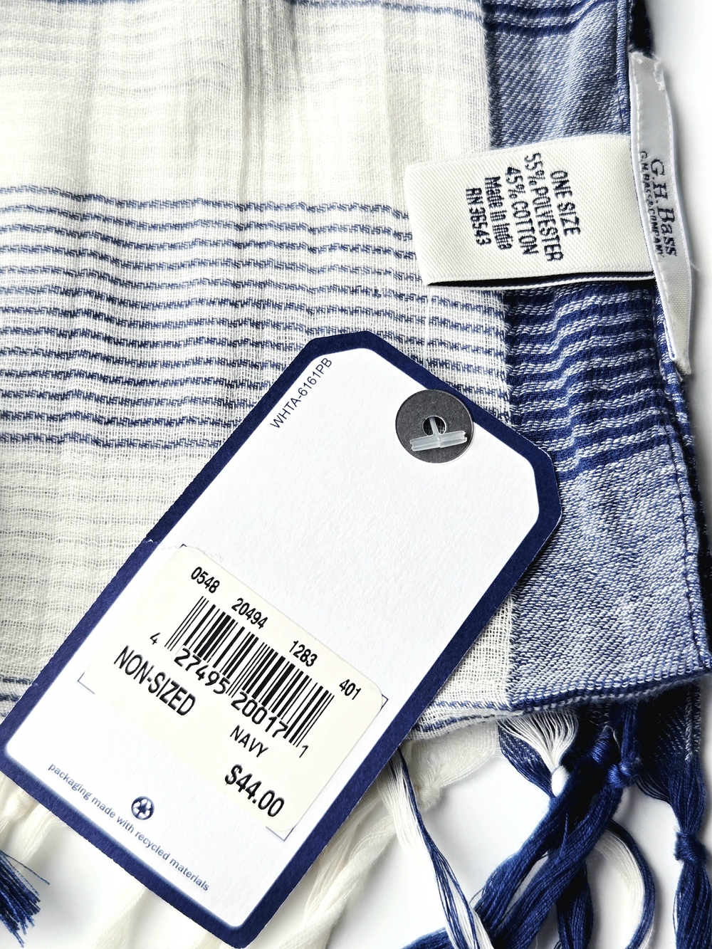 NWT GH Bass Striped Scarf Blue Cream Cotton Blend Lightweight Fringe Wrap Shawl - Picture 5 of 5